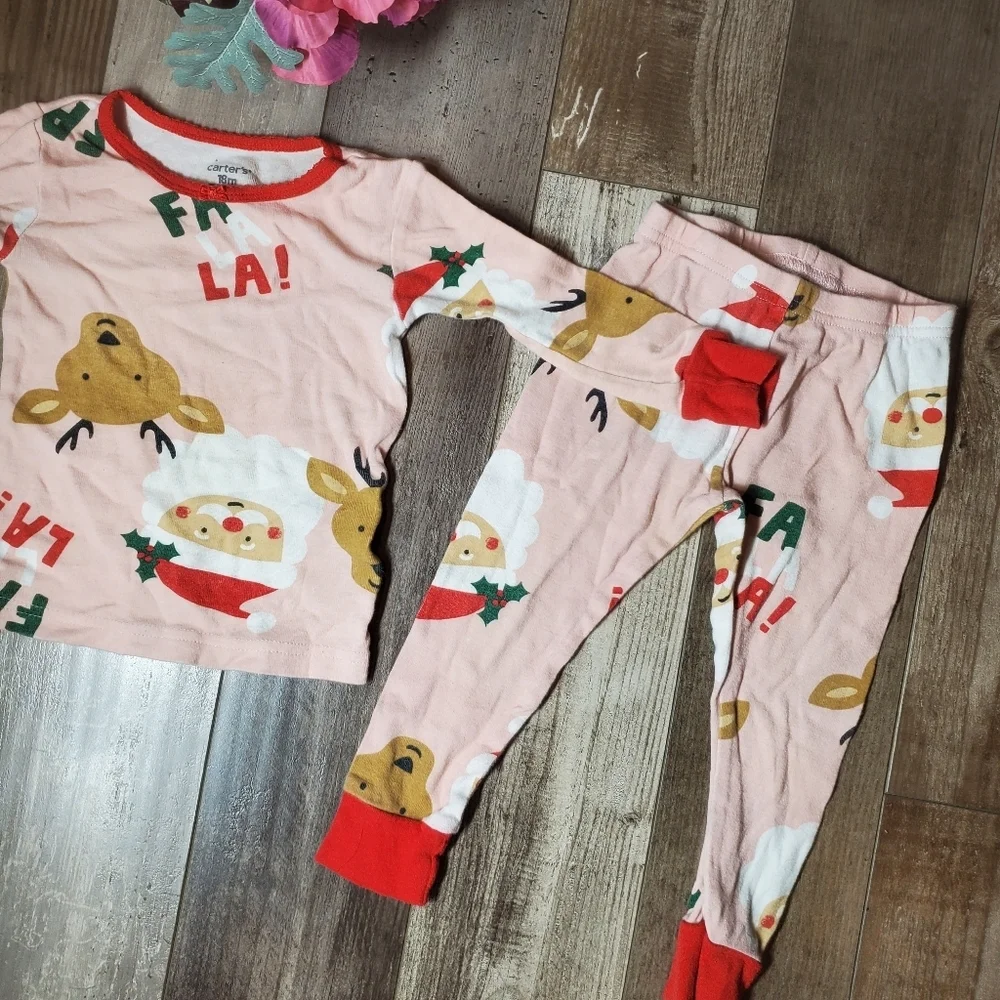 Carter's Toddler Girl Size 18m Pink Christmas Holiday Matching Pajamas Pjs 2pc